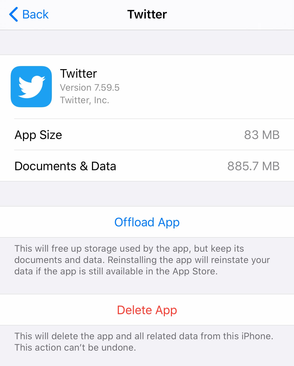 Amount of storage required by the Twitter app on iOS