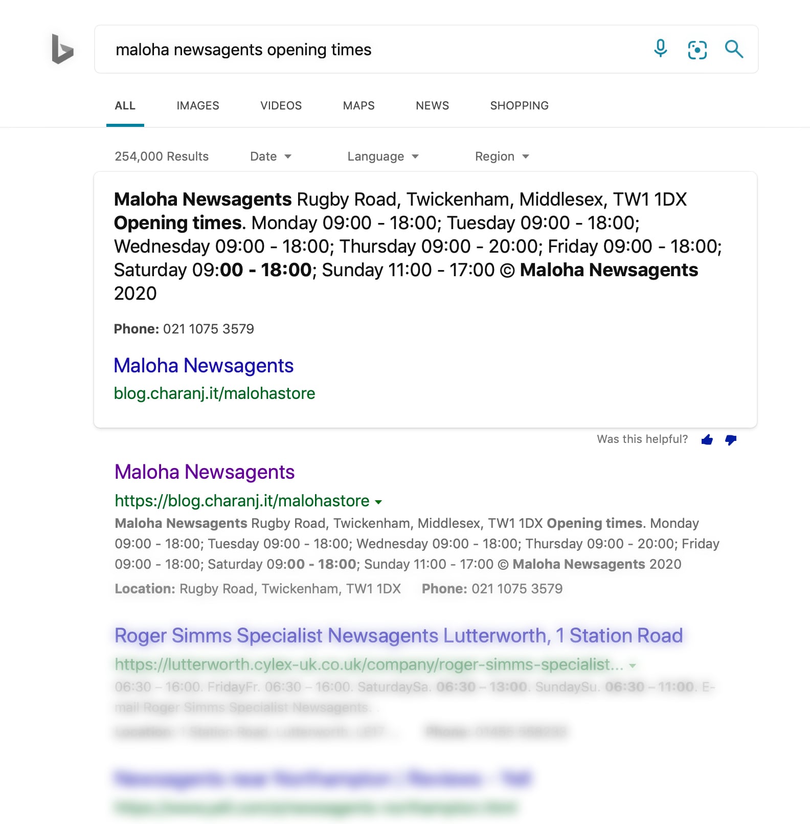 Bing desktop search results