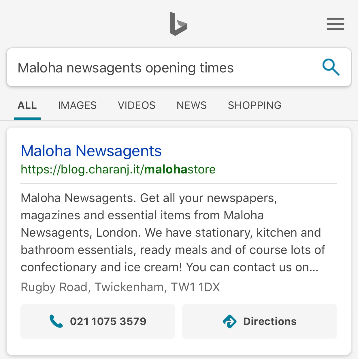 Bing mobile search results