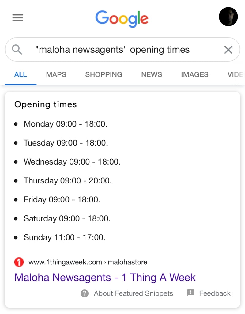 Google search results for the term maloha newsagents opening times