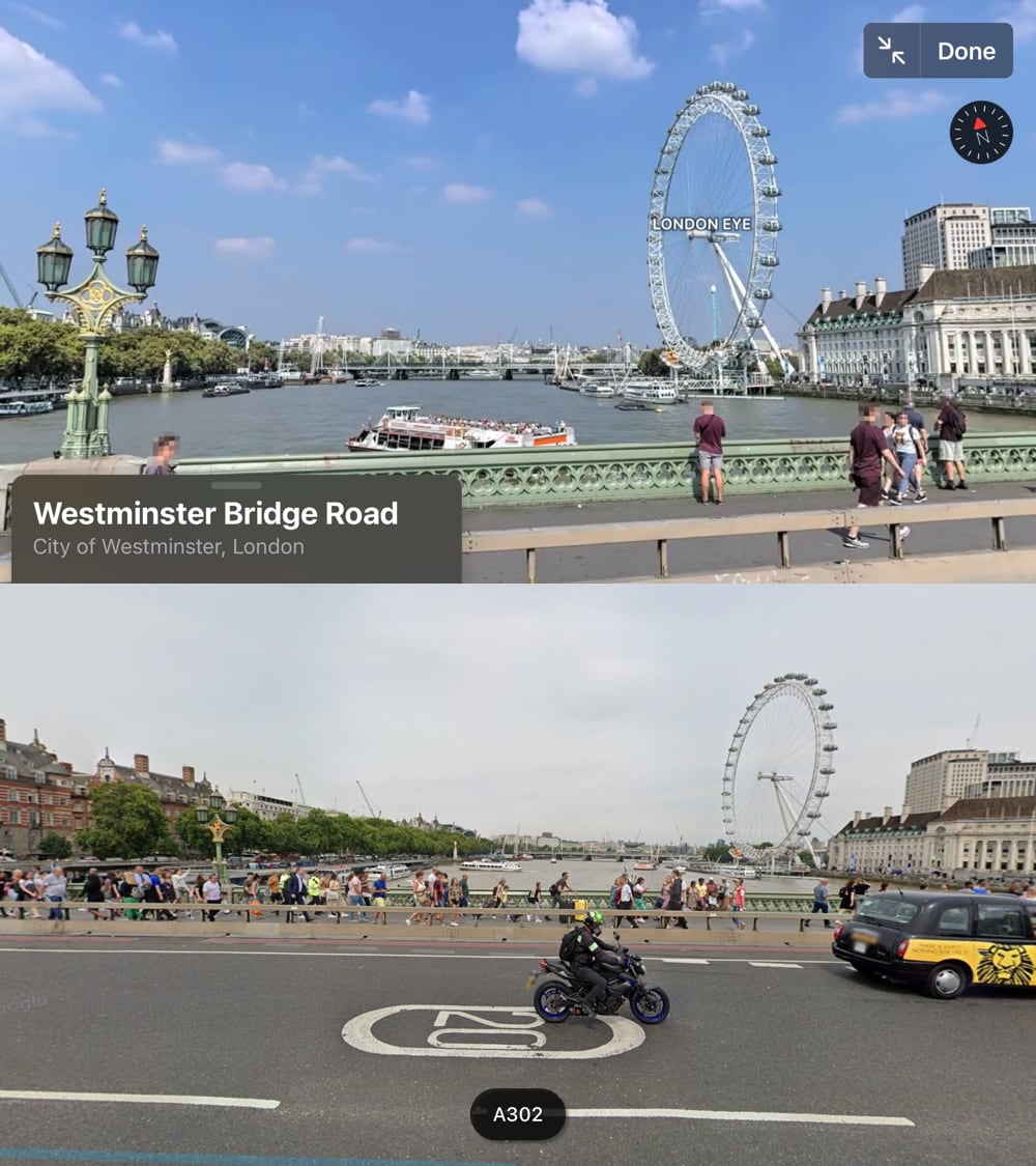 Comparing the view of the London Eye from Westminster Bridge in Apple Maps and Google Maps