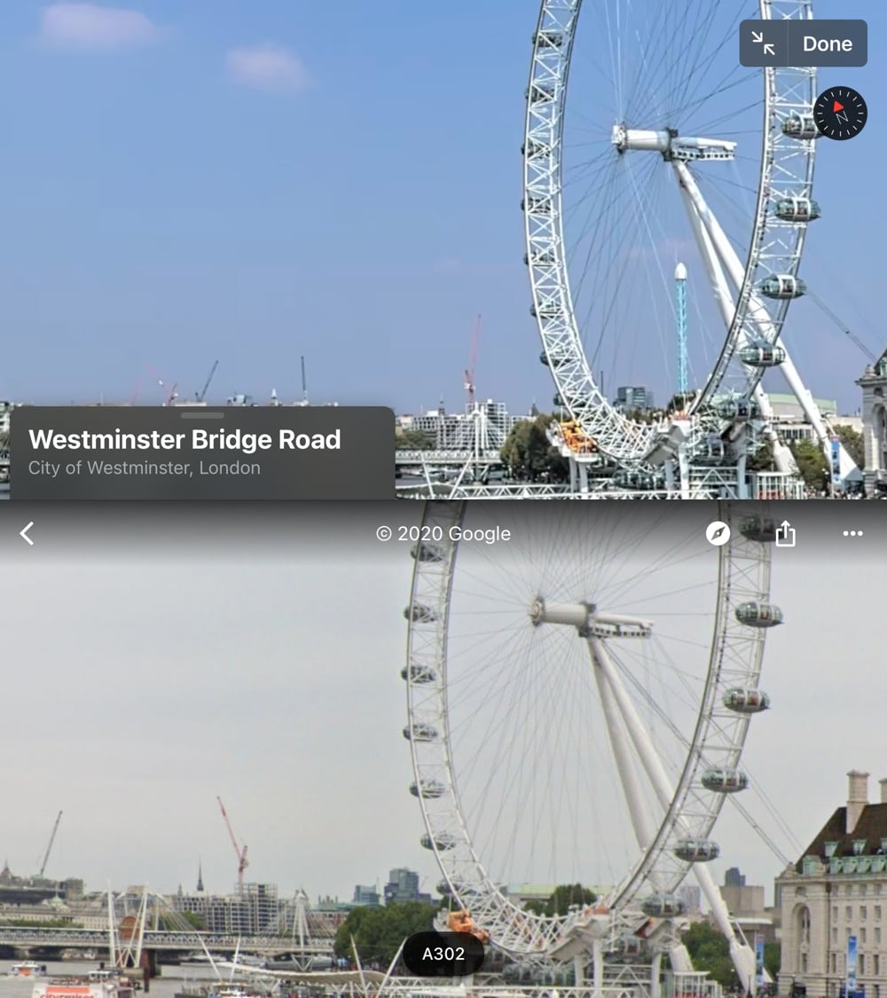 Comparing the view of the London Eye from Westminster Bridge, zoomed in as much as possible in Apple Maps and Google Maps