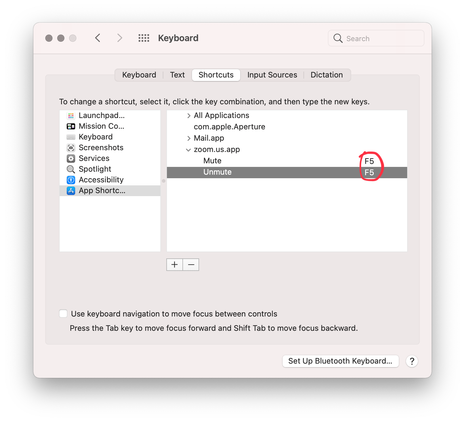 Screenshot of the Keyboard settings window with the custom shortcut for the ability to mute and unmute Zoom highlighted