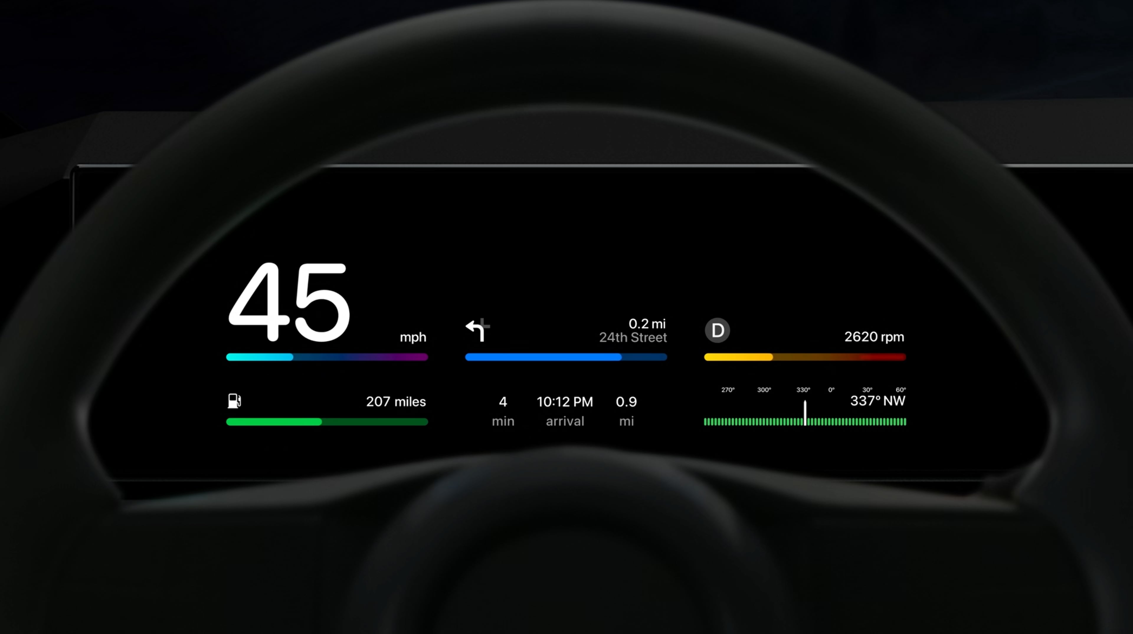 Digital instrument cluster powered by CarPlay, shows additional info like next sat nav turn and compass info