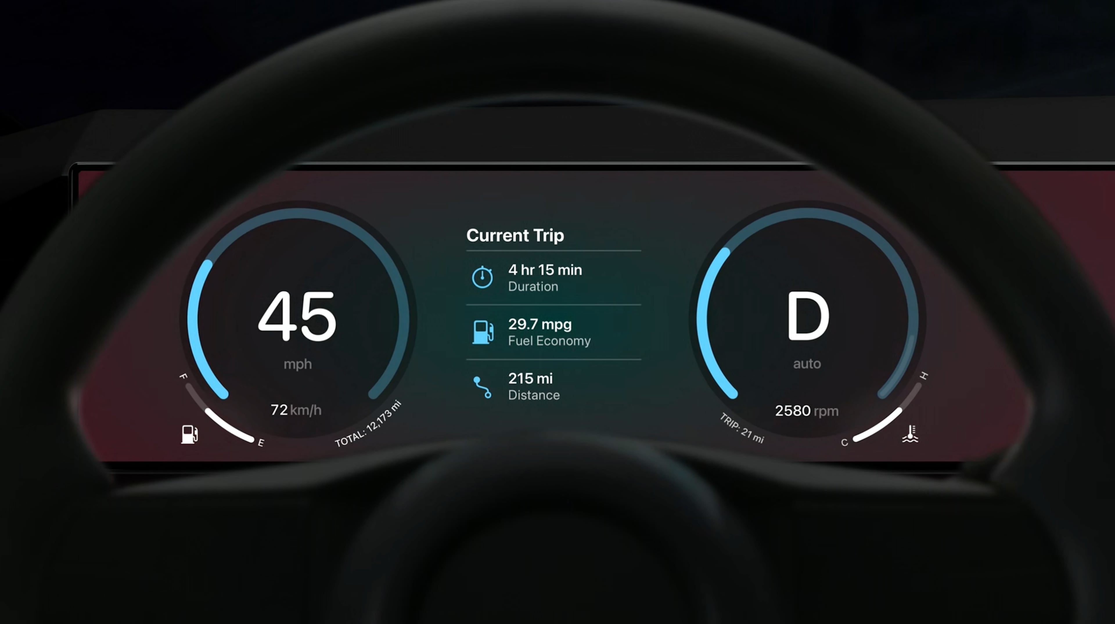 Traditional instrument cluster view with trip information in the centre in CarPlay