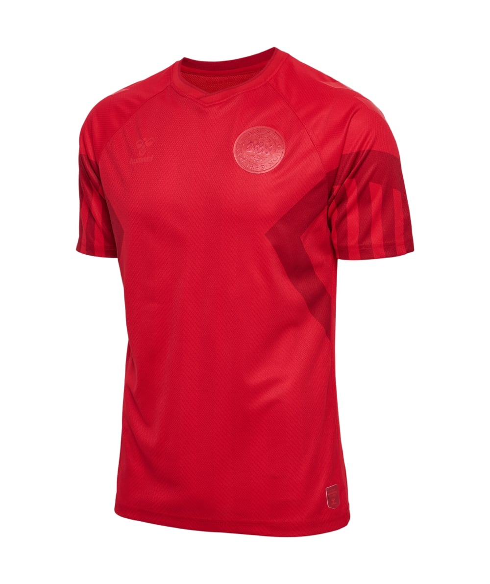 Denmark home kit for the FIFA World Cup 2022 in Qatar, shirt features all red design, including branding and the national team's badge