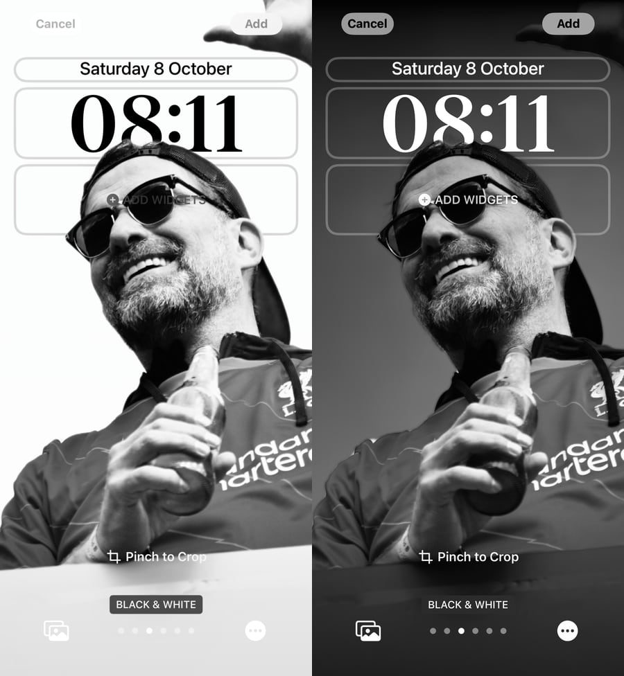 Two screenshots of the greyscale customisations you can perform on photos for your lock screen in iOS 16. The left screenshot shows you the 'high key' option and the right shows with the 'low key' option
