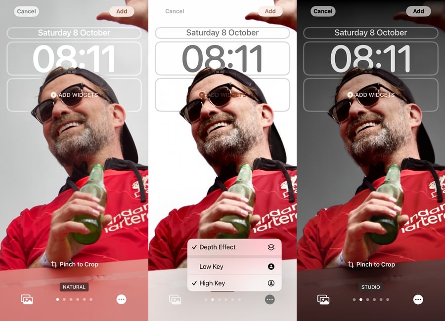 Three screenshots of the customisations you can perform on photos for your lock screen in iOS 16. The left screenshot shows you the 'normal' mode, the middle shows with the 'high key' option selected and the right shows with the 'low key' option selected