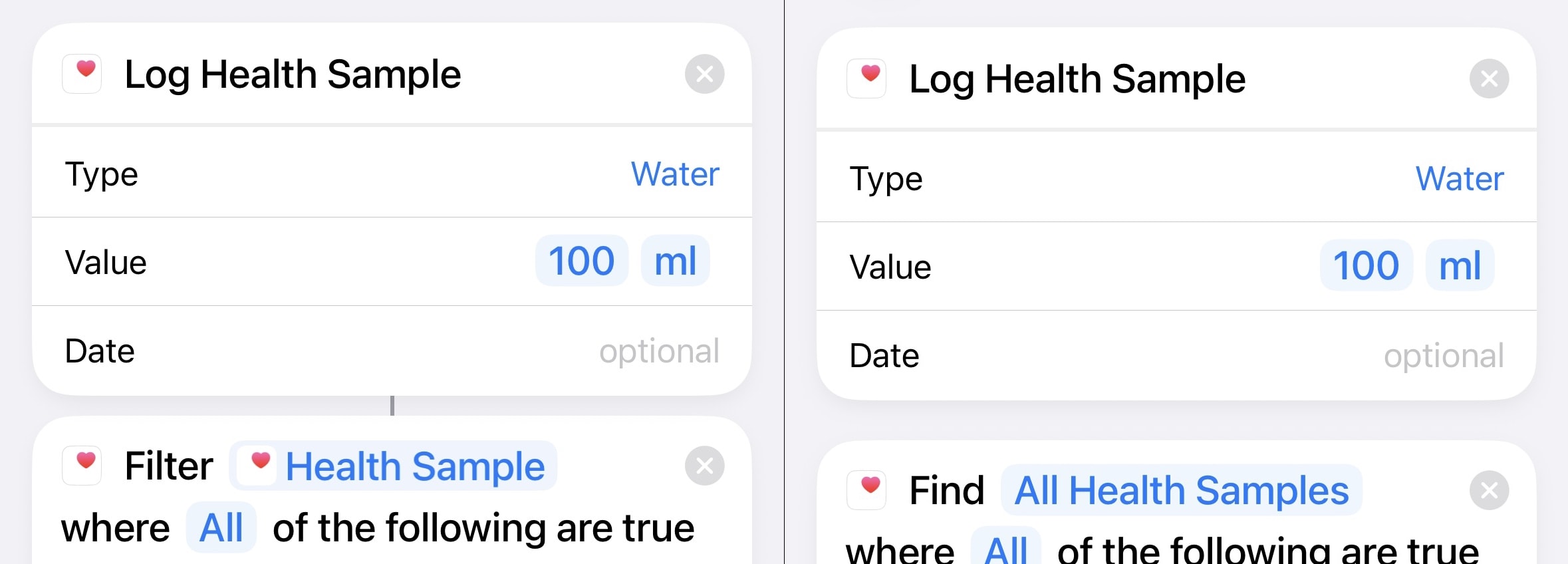 Cropped screenshot of the same health shortcut in the Shortcuts app but one is for a single sample of data whereas the other is a filter for a collection of data.
