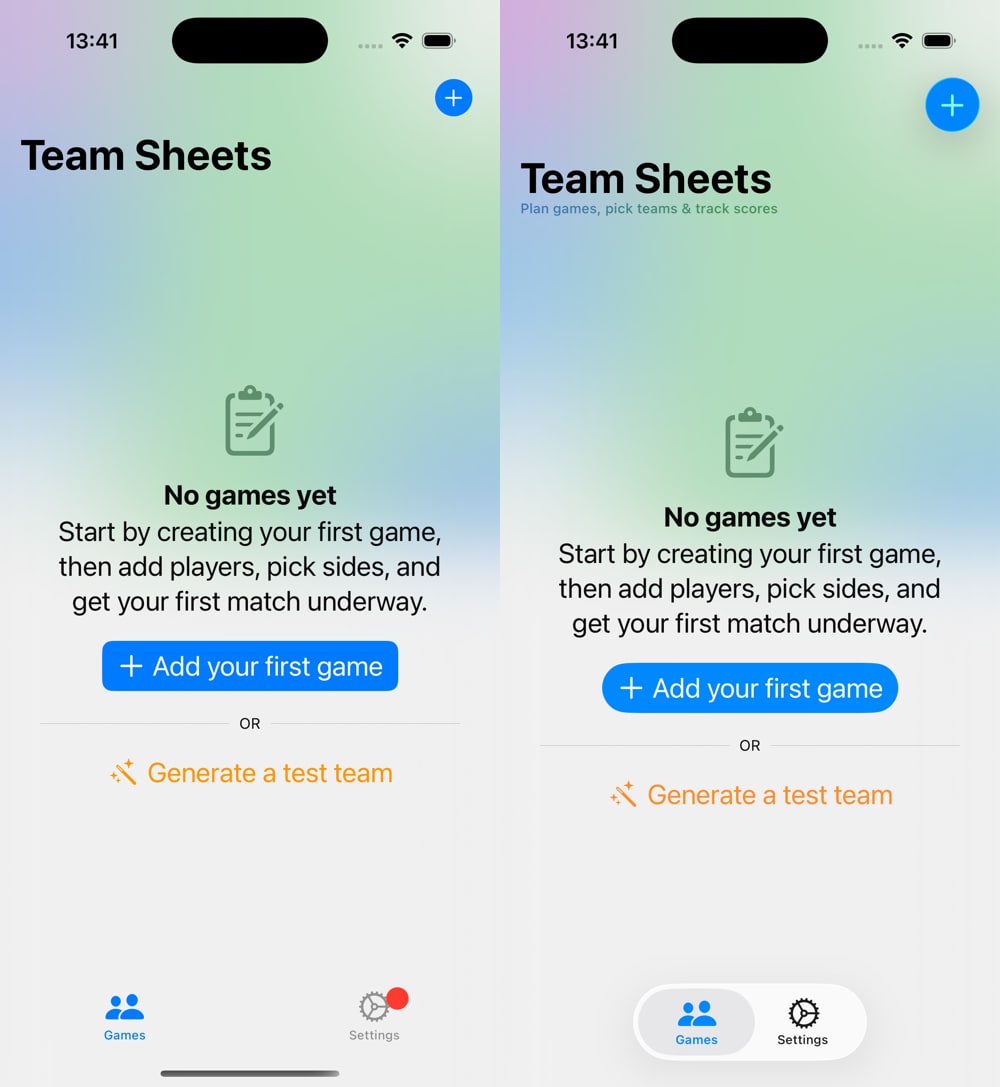 Screenshots of Team Sheets iOS app on an iOS 18 and iOS 26 device side-by-side.