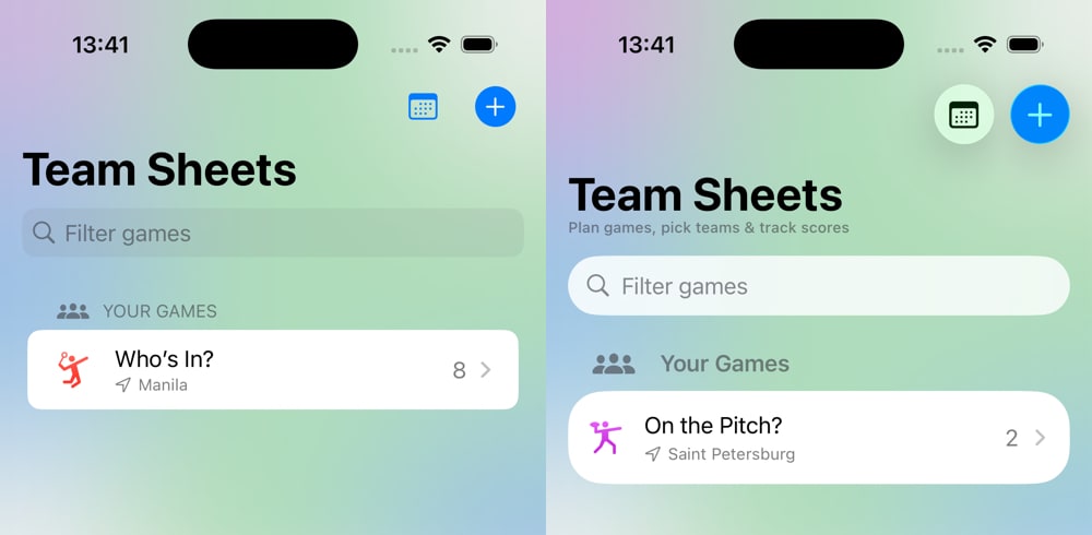 screenshot of Team Sheets' list view side-by-side