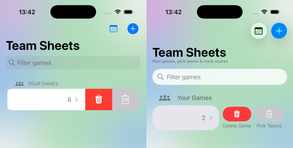 Screenshots of Team Sheets swipe actions side-by-side.