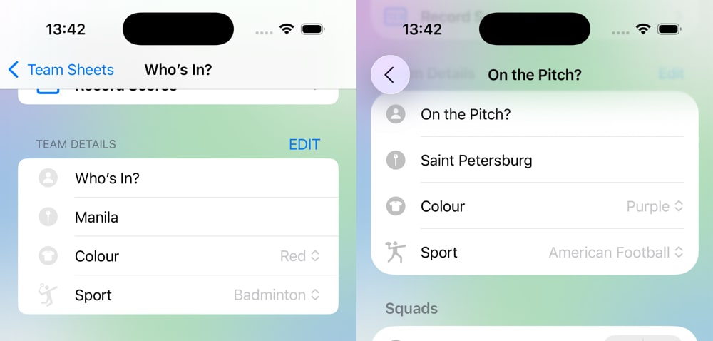 Screenshots of Team Sheets header treatment side-by-side.