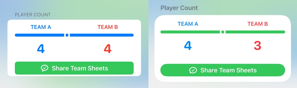 Screenshots of Team Sheets custom view showing the side-by-side comparison of different padding.