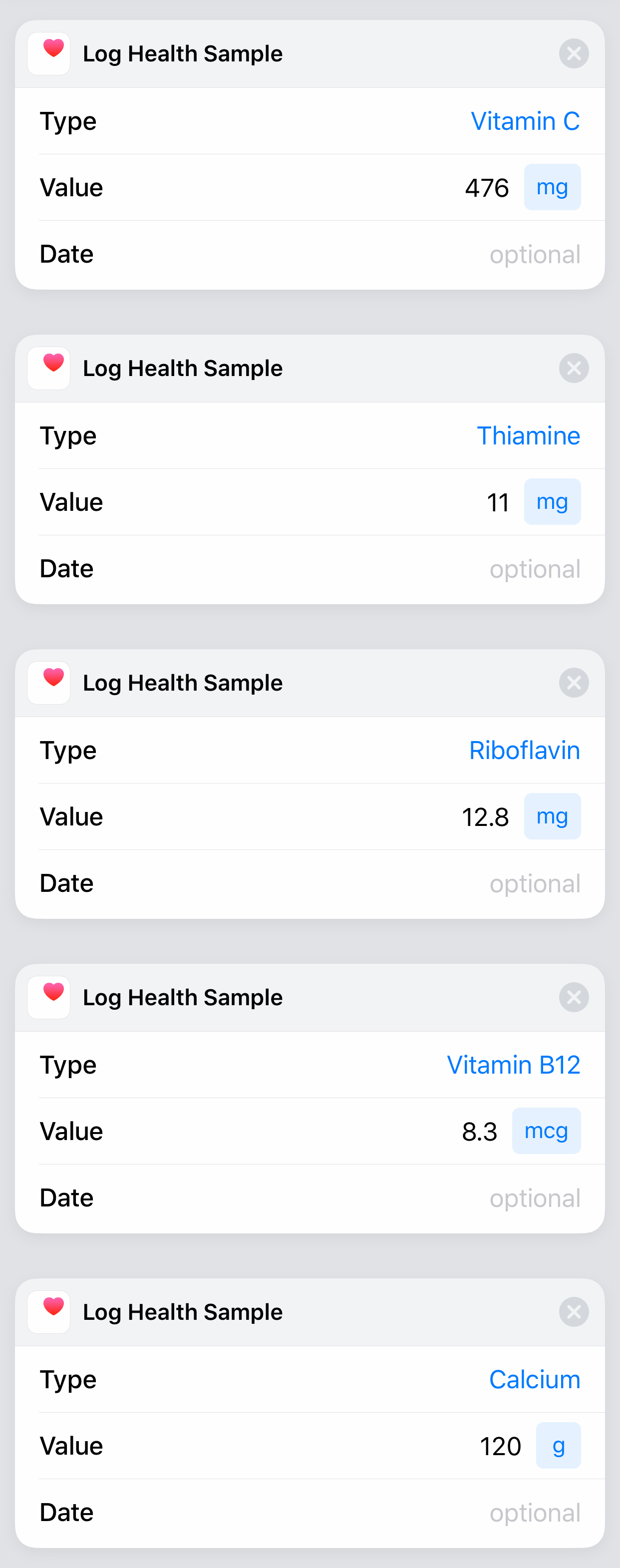 logging health samples with the Shortcuts app